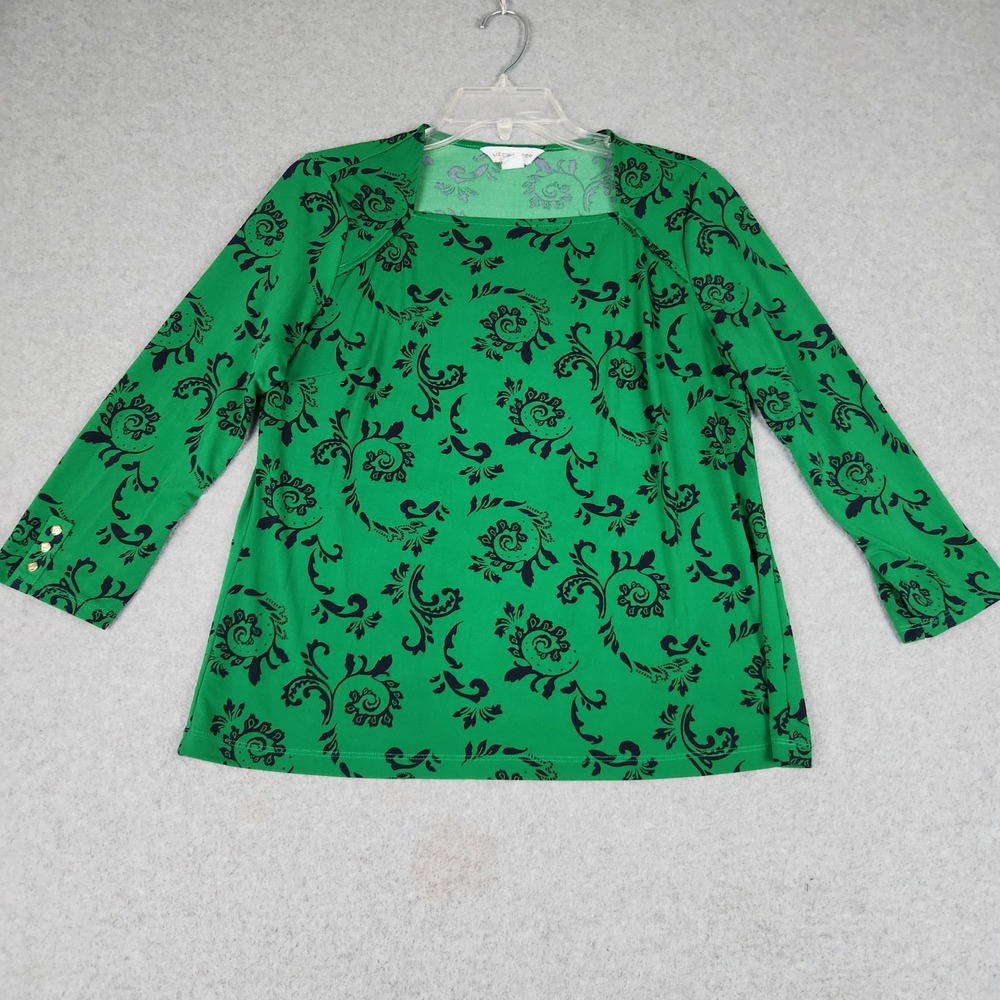 Liz Claiborne Blouse Womens Petite Small Green‎ Paisley Long Sleeve Square Neck